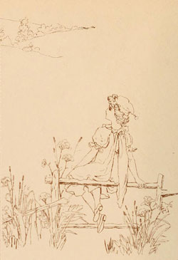 Free Victorian Clip Art - Girl sitting on a fence looking into the distance